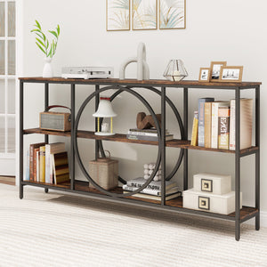 3-Tier Console Table with Faux Marble Top and Storage Shelves for Hallway Living Room-Rustic Brown