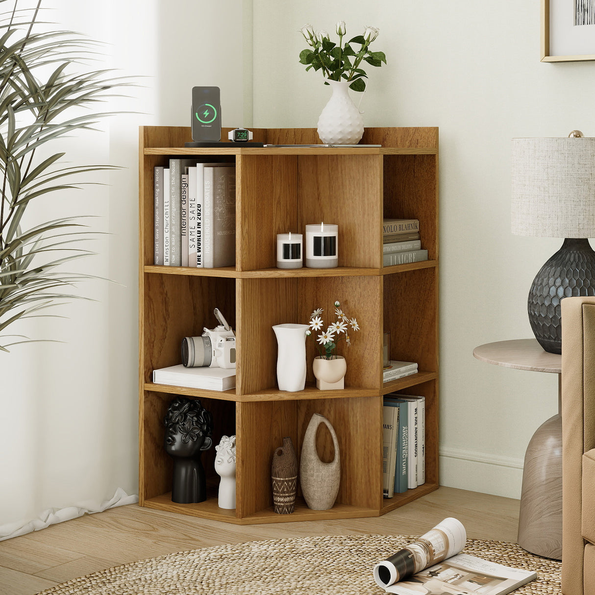 3-Tier Corner Cabinet with Charging Station for Bedroom-Natural