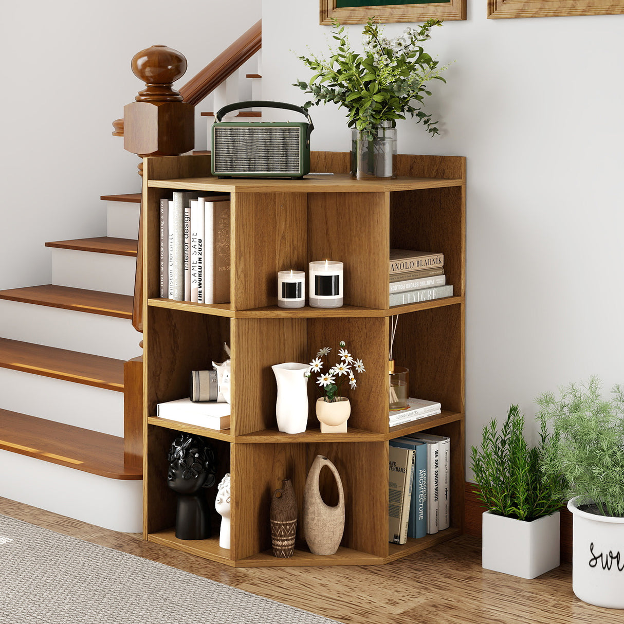 3-Tier Corner Cabinet with Charging Station for Bedroom-Natural