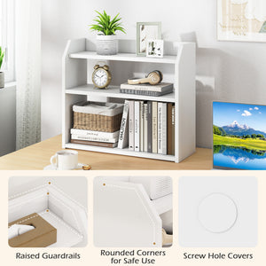 3-Tier Desktop Bookshelf Wooden Countertop Bookcase with Raised Top Guardrails-White