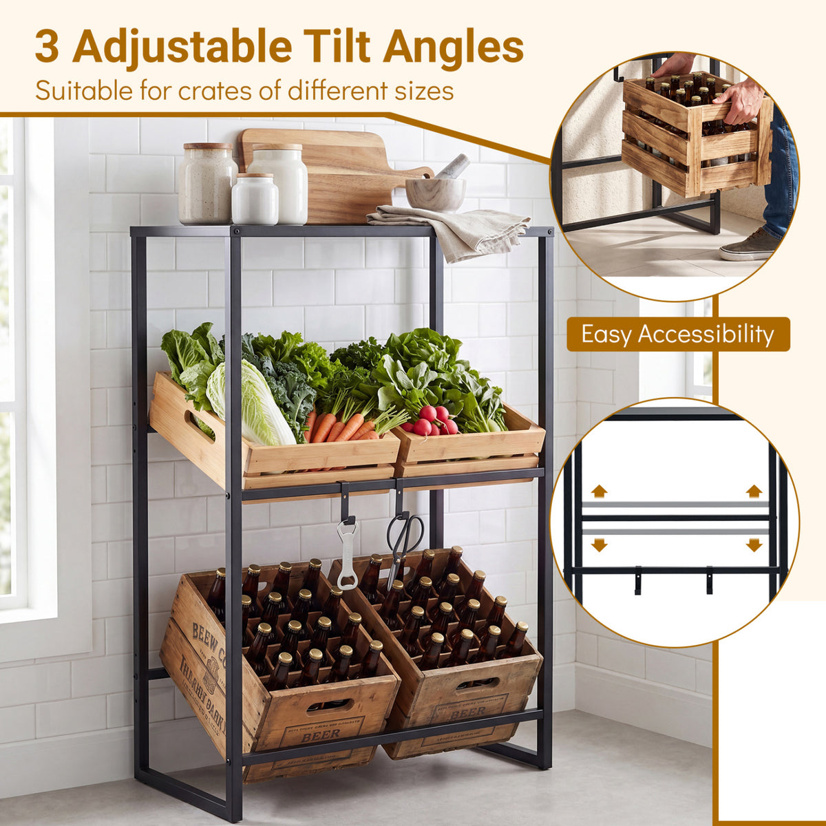 3-Tier Drink Crate Rack with Shelf for Beer and Water for Kitchen and Garage-Black