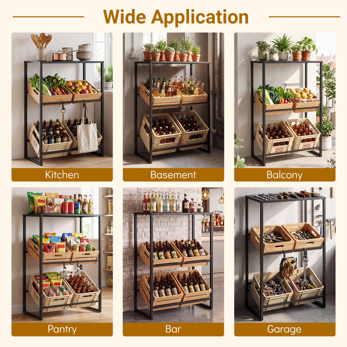 3-Tier Drink Crate Rack with Shelf for Beer and Water for Kitchen and Garage-Black