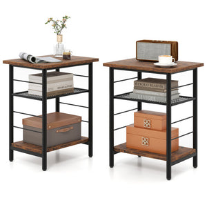 3-Tier End Table Set of 2 Side Table with Storage Shelves Metal Frame-Rustic Brown