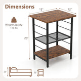 3-Tier End Table Set of 2 Side Table with Storage Shelves Metal Frame-Rustic Brown