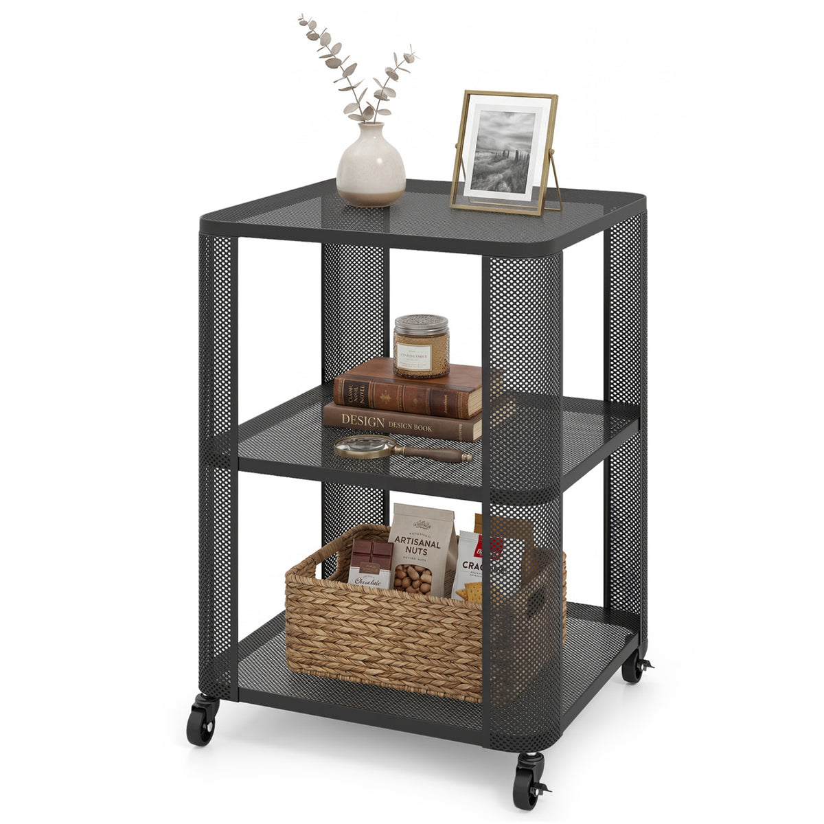 3-Tier End Table with Wheels Rolling Side Table with Open Storage Shelves-1 Piece