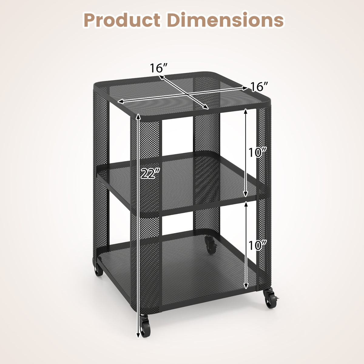 3-Tier End Table with Wheels Rolling Side Table with Open Storage Shelves-1 Piece