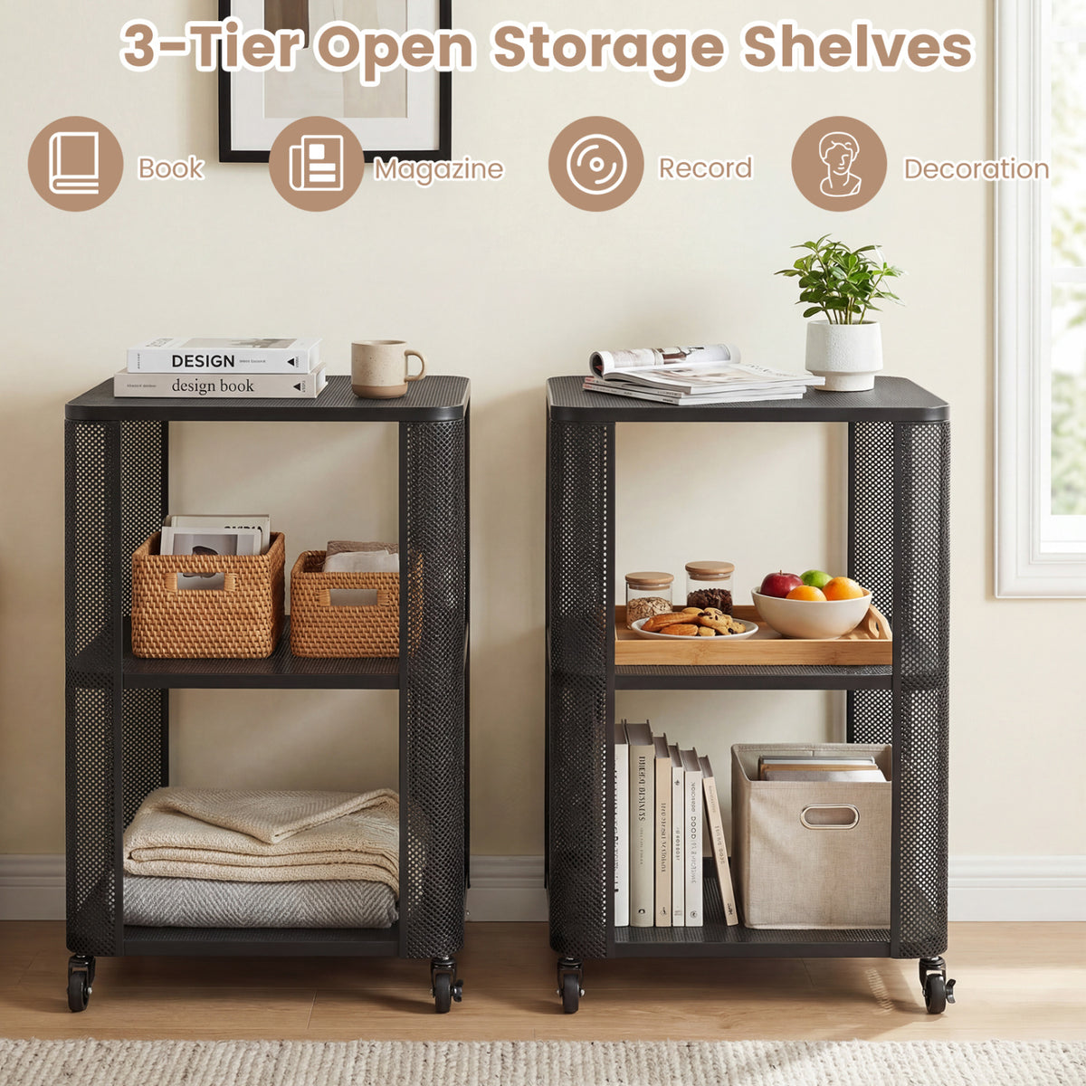 3-Tier End Table with Wheels Rolling Side Table with Open Storage Shelves-1 Piece