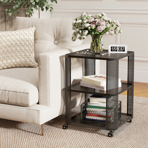 3-Tier End Table with Wheels Rolling Side Table with Open Storage Shelves-Set of 2