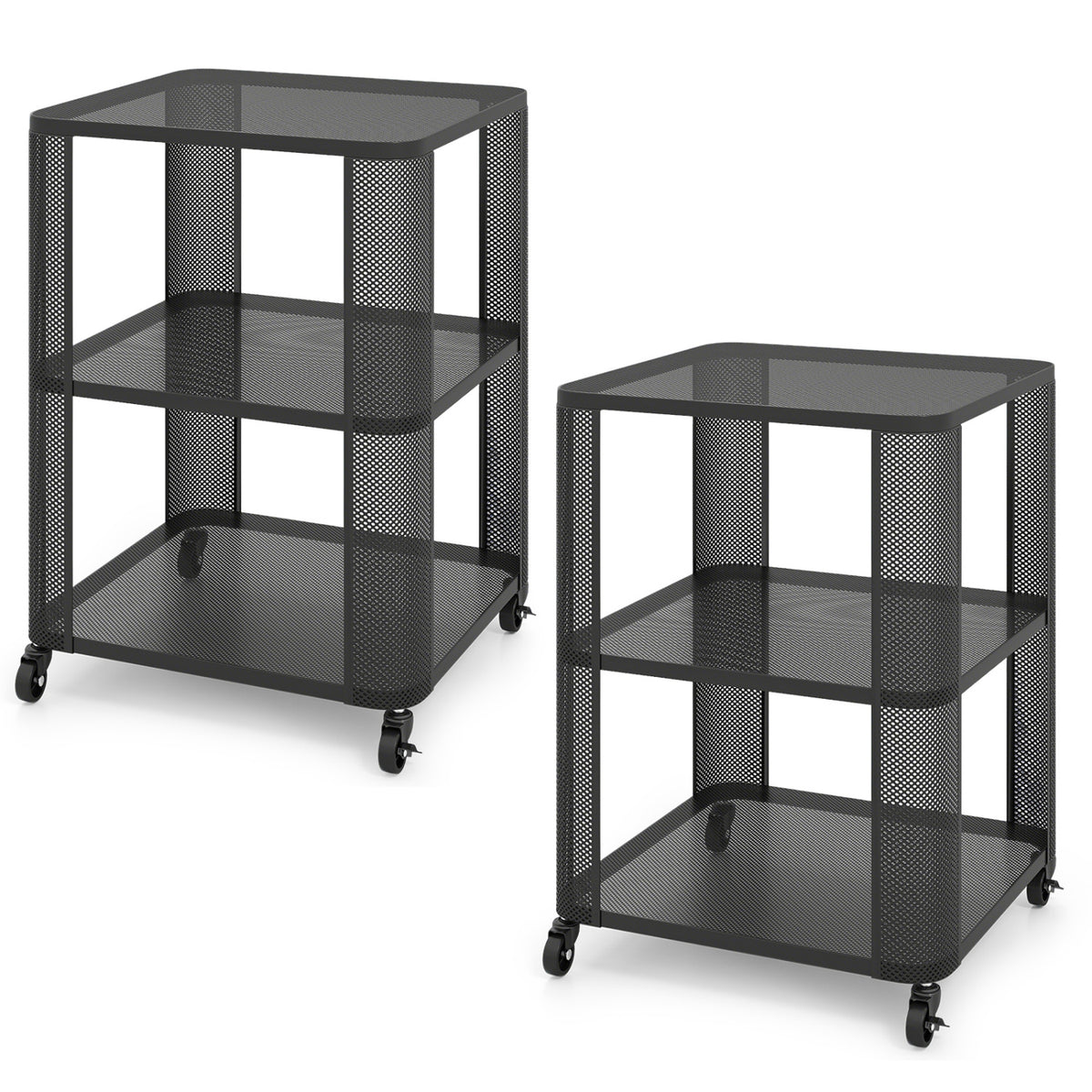 3-Tier End Table with Wheels Rolling Side Table with Open Storage Shelves-Set of 2
