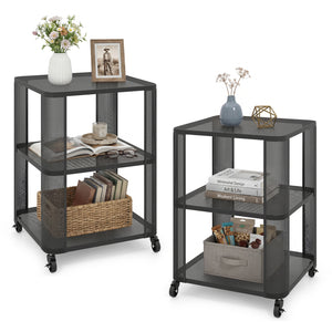 3-Tier End Table with Wheels Rolling Side Table with Open Storage Shelves-Set of 2
