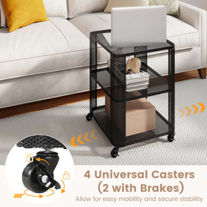 3-Tier End Table with Wheels Rolling Side Table with Open Storage Shelves-Set of 2