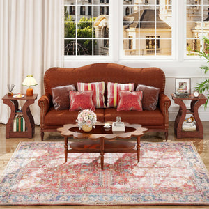 3-Tier End Tables with Charging Station Set of 2 with Open Storage Shelves-Cherry