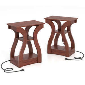 3-Tier End Tables with Charging Station Set of 2 with Open Storage Shelves-Cherry