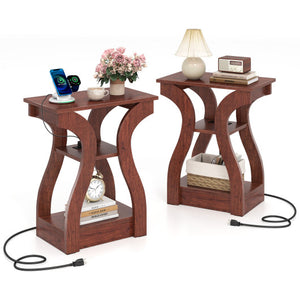 3-Tier End Tables with Charging Station Set of 2 with Open Storage Shelves-Cherry