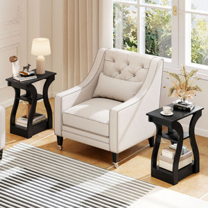 3-Tier End Tables with Charging Station Set of 2 with Open Storage Shelves-Black