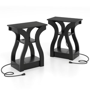 3-Tier End Tables with Charging Station Set of 2 with Open Storage Shelves-Black