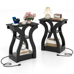 3-Tier End Tables with Charging Station Set of 2 with Open Storage Shelves-Black