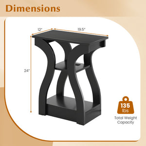 3-Tier End Tables with Charging Station Set of 2 with Open Storage Shelves-Black