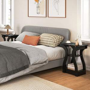 3-Tier End Tables with Charging Station Set of 2 with Open Storage Shelves-Black