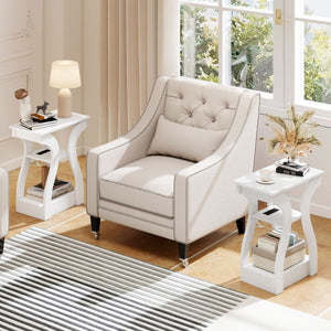 3-Tier End Tables with Charging Station Set of 2 with Open Storage Shelves-White