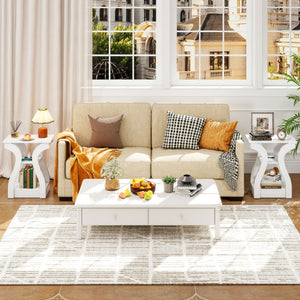 3-Tier End Tables with Charging Station Set of 2 with Open Storage Shelves-White