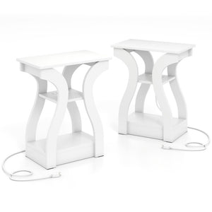 3-Tier End Tables with Charging Station Set of 2 with Open Storage Shelves-White