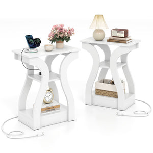 3-Tier End Tables with Charging Station Set of 2 with Open Storage Shelves-White