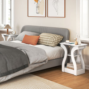 3-Tier End Tables with Charging Station Set of 2 with Open Storage Shelves-White