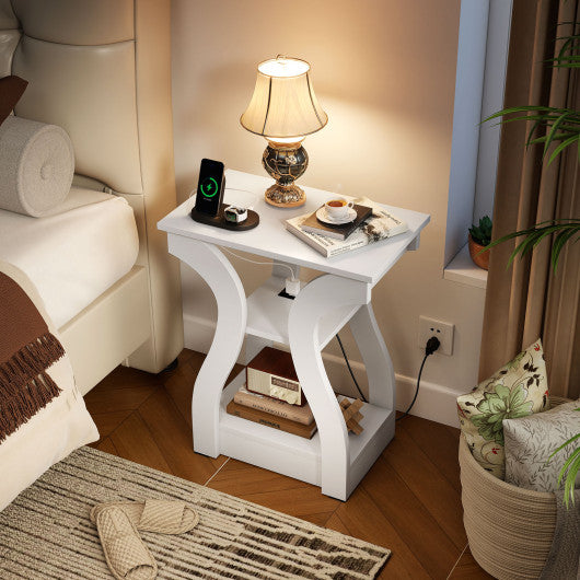 3-Tier End Tables with Charging Station Set of 2 with Open Storage Shelves-Black