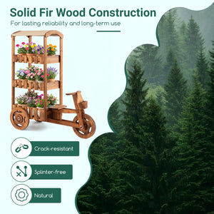3-Tier Fir Wood Plant Stand with Fabric Canopy and 3 Wheels-Brown