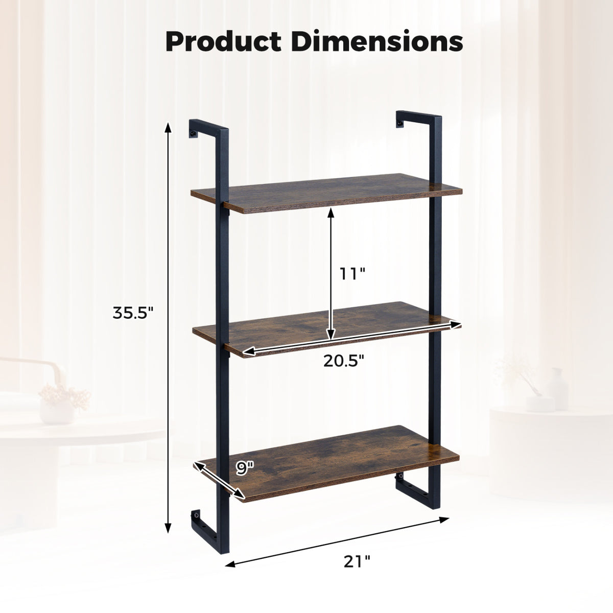 3-Tier Floating Modern Kitchen Shelf for Living Room Home Office and Bathroom-Rustic Brown