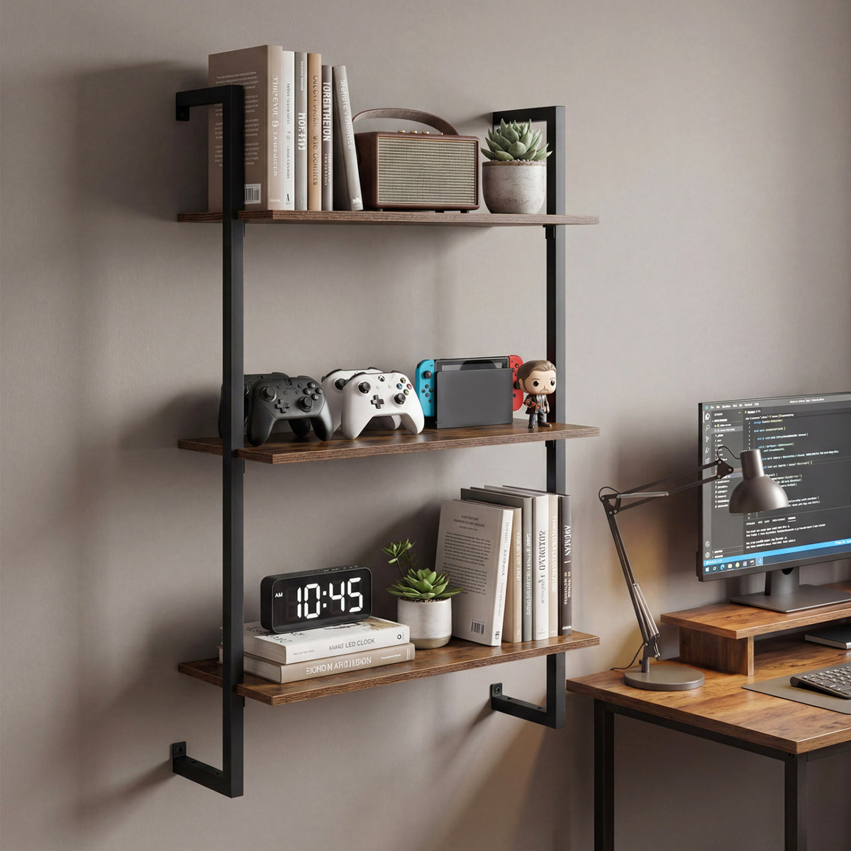 3-Tier Floating Modern Kitchen Shelf for Living Room Home Office and Bathroom-Rustic Brown