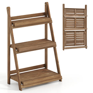 3-Tier Foldable Plant Stand with Slatted Shelves and Fir Wood Frame-Brown