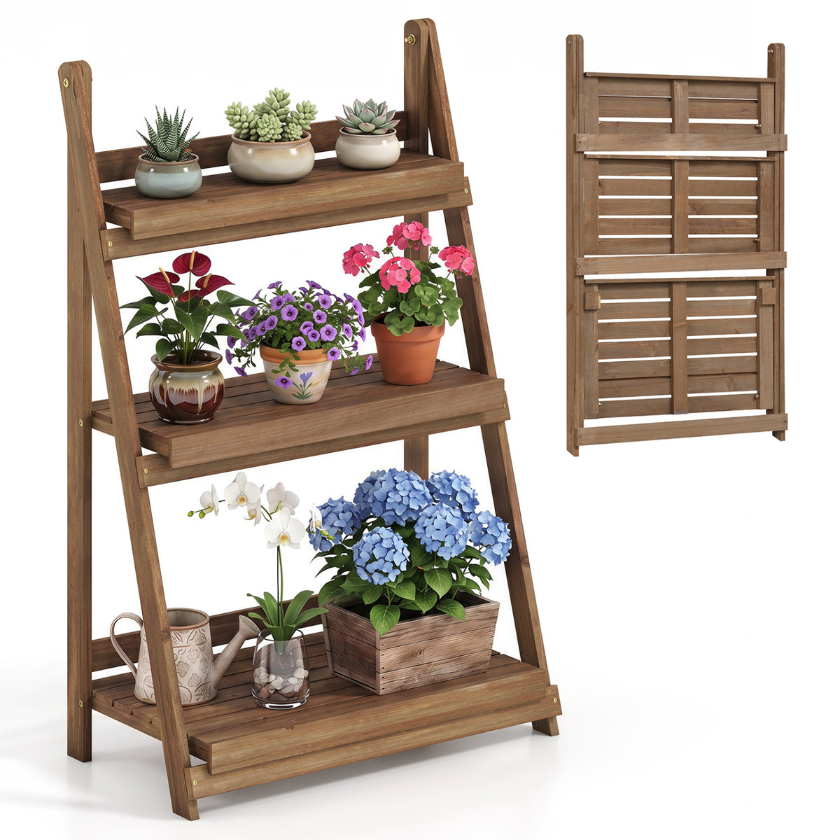 3-Tier Foldable Plant Stand with Slatted Shelves and Fir Wood Frame-Brown