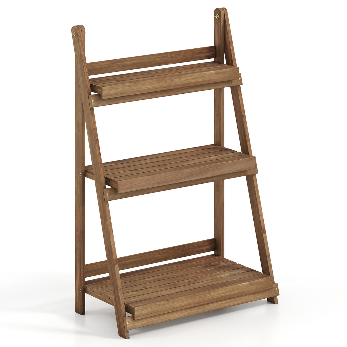 3-Tier Foldable Plant Stand with Slatted Shelves and Fir Wood Frame-Brown