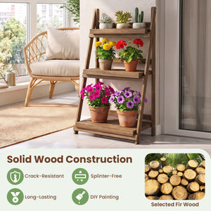 3-Tier Foldable Plant Stand with Slatted Shelves and Fir Wood Frame-Brown
