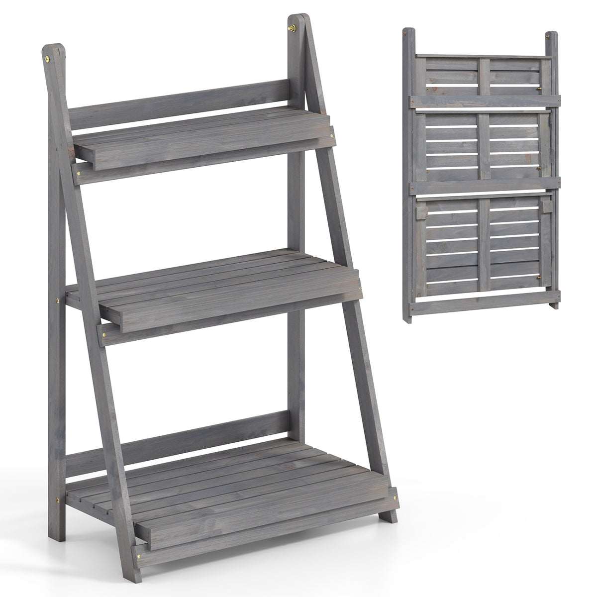 3-Tier Foldable Plant Stand with Slatted Shelves and Fir Wood Frame-Gray