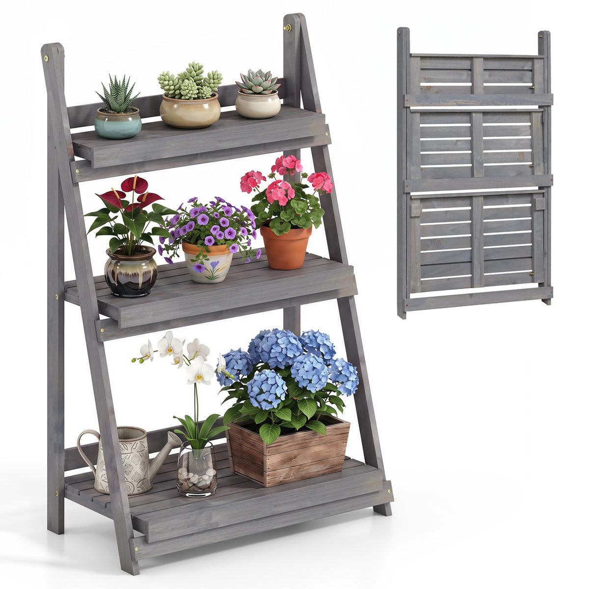 3-Tier Foldable Plant Stand with Slatted Shelves and Fir Wood Frame-Gray