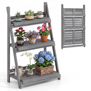 3-Tier Foldable Plant Stand with Slatted Shelves and Fir Wood Frame-Gray