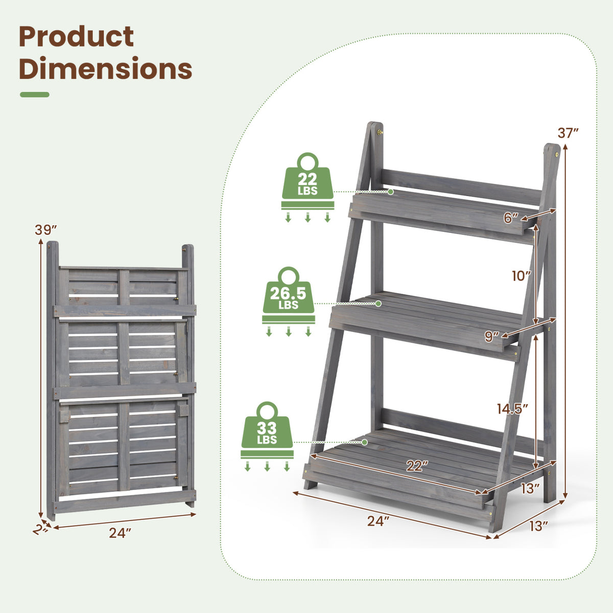 3-Tier Foldable Plant Stand with Slatted Shelves and Fir Wood Frame-Gray