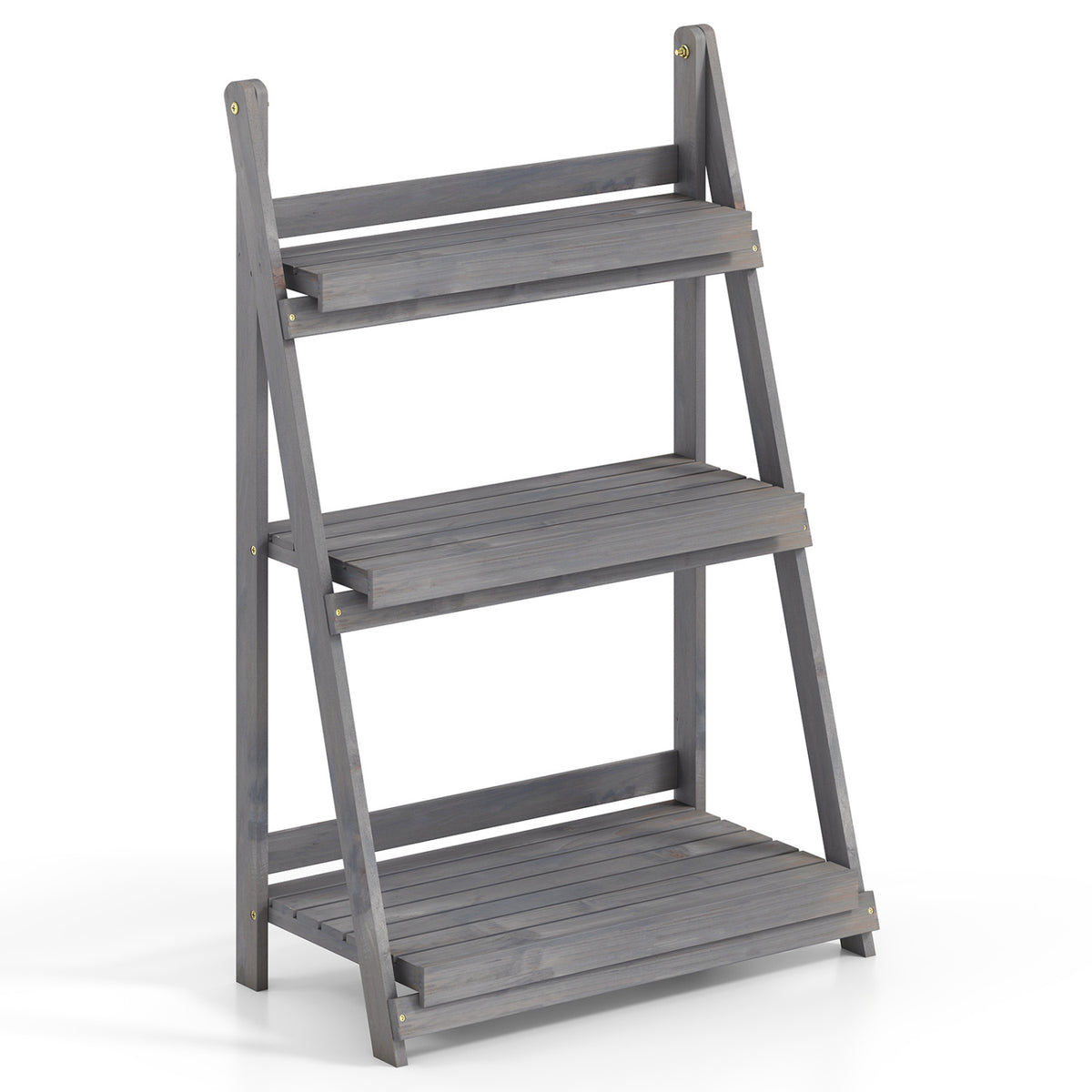 3-Tier Foldable Plant Stand with Slatted Shelves and Fir Wood Frame-Gray