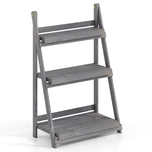 3-Tier Foldable Plant Stand with Slatted Shelves and Fir Wood Frame-Gray