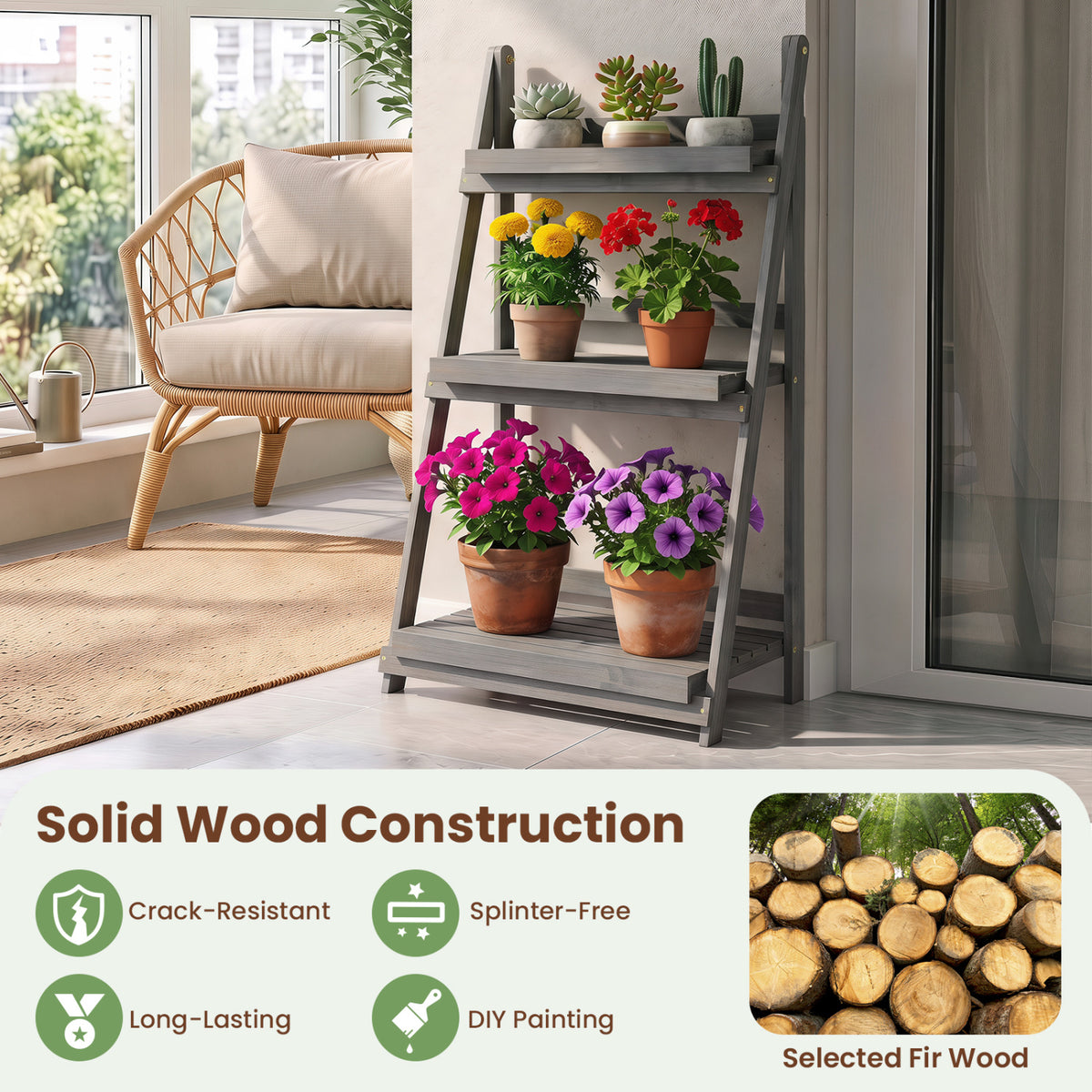 3-Tier Foldable Plant Stand with Slatted Shelves and Fir Wood Frame-Gray