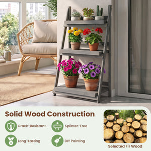 3-Tier Foldable Plant Stand with Slatted Shelves and Fir Wood Frame-Gray