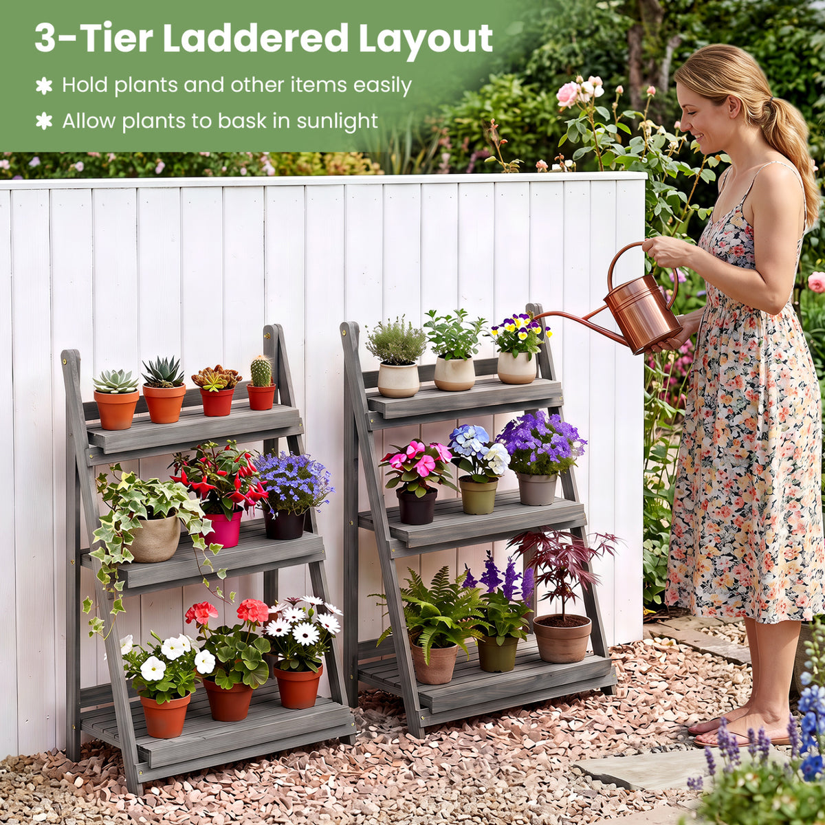 3-Tier Foldable Plant Stand with Slatted Shelves and Fir Wood Frame-Gray
