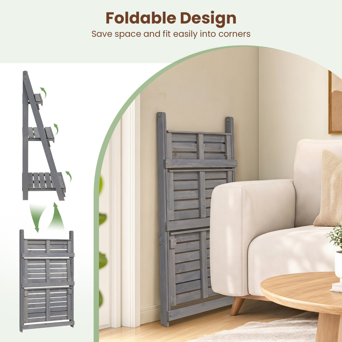 3-Tier Foldable Plant Stand with Slatted Shelves and Fir Wood Frame-Gray