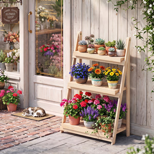 3-Tier Foldable Plant Stand with Slatted Shelves and Fir Wood Frame-Natural