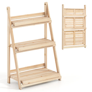 3-Tier Foldable Plant Stand with Slatted Shelves and Fir Wood Frame-Natural