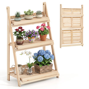 3-Tier Foldable Plant Stand with Slatted Shelves and Fir Wood Frame-Natural