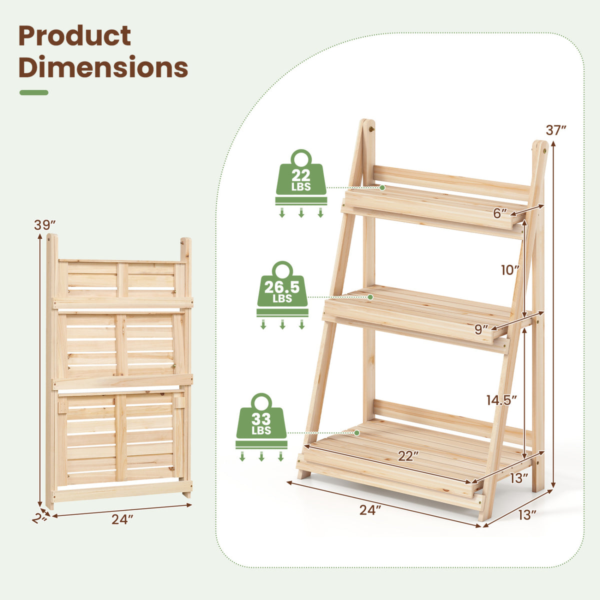 3-Tier Foldable Plant Stand with Slatted Shelves and Fir Wood Frame-Natural